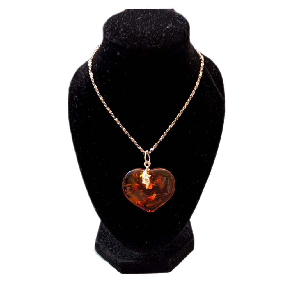 Amber Heart Pendant on Sterling Silver Chain